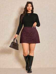 Elaquor Plus Size Elegant Commuter Solid Color Skirt Fall - Burgundy - View 3