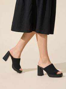 CUCCOO BASICS Ladies Open Toe Sexy Mules Black Knitted Platform Block Heel High Heel Commuter Women's High Heel Sandals - Black - View 2