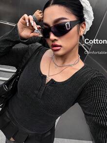 Muchica Plus Size Women's Early Autumn Solid Color Washed Distressed Retro 80s 90s Slim Fit Casual Long Sleeve T-Shirt White Formal Vacation Black - Black - View 6
