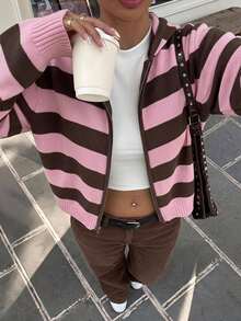 Solavibe Plus Size Light Pink Zip‑Up Hooded Knit Cardigan, Campus Daily Wear, Autumn, Back To School Formal Date Night Going Out Y2k 90s 1960s - Pink - View 2