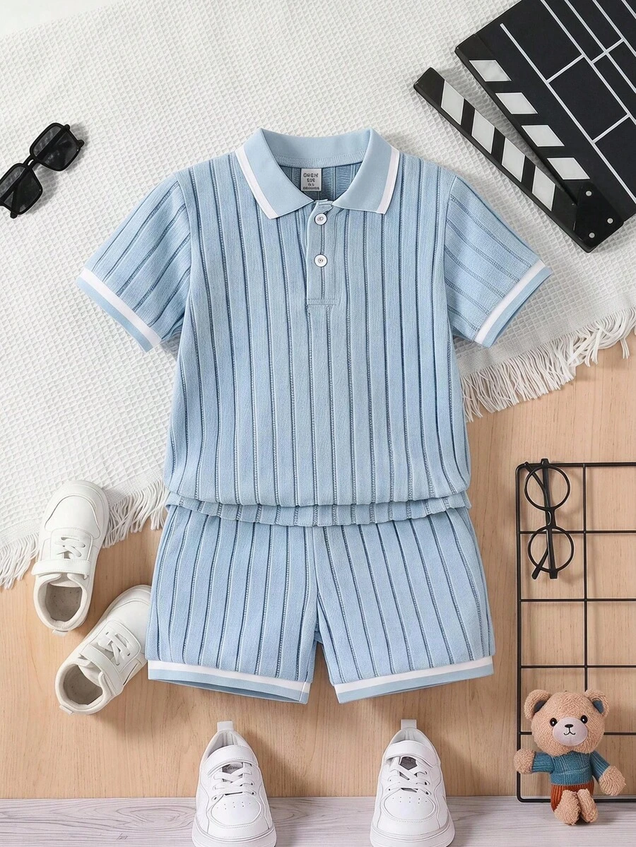 SHEIN 2 件套 男童撞色短袖上衣和短裤套装 - 淺藍色 - 查看 1