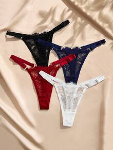 Charlaine 4pcs/Set Lace Eyelash Adjustable Thin Strap Thong Panties - Multicolor - View 5