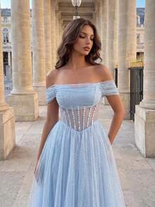 Poshira Women's Off-Shoulder Cinched Waist Elegant Ball Gown Dress (Intricate Design) - Blue - View 5