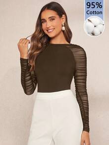 Amorya Women's Fashion Versatile Pleated Mesh Patchwork Top For Commute - Coffee Brown - View 3
