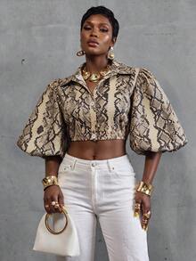 BamGlimmer Women's Fashion Commute Snake Skin Print Lantern Sleeve Cropped Blouse - Multicolor - View 7