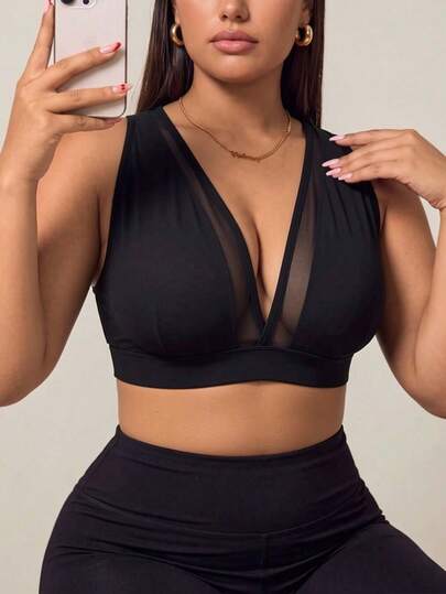 SHEIN Rhythm Era Women's Plus Size Mesh Patchwork Casual Daily Sports Bra