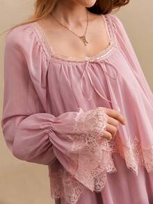 CielaLinda Women's Lace Trim Ribbon Chiffon Maxi Dress, Long Sleeve Flowy Dress, Romantic Boho Dress - Pink - View 7