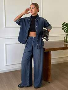 DAZY Women's Collared Shirt And Long Pants Casual Denim Set Fall - Medium Wash - View 5