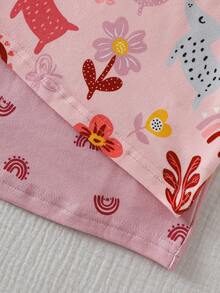 SHEIN Vintaside Kids 4件套女婴针织圆领短袖裤套装，卡通可爱花卉、植物、动物、狗狗、彩虹印花，浅粉色和粉粉色组合，休闲简约舒适紧身室内睡衣，夏季 - 粉色 - 查看 6