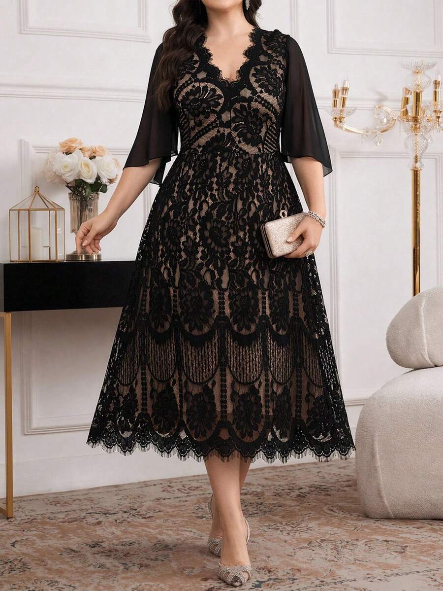 Reflora Women's Plus Size V-Neck Bell Sleeve Elegant Lace Dress