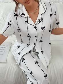 Napfluff Bow Print Lapel Short Sleeve Top And Long Pants Pajama Set - White - View 4