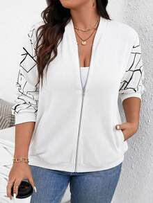 SHEIN Essnce Plus Size Autumn Casual Printed Patchwork Jacket Fall - White - View 4