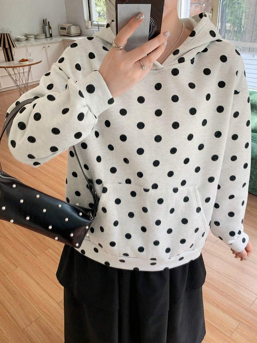 Dazy Plus Large Polka Dot Loose Hooded Sweatshirt For Girls, Casual Daily Wear, Spring And Autumn - Light Grey - View 1