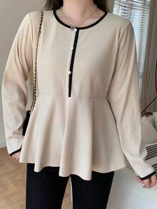 Dazy Plus Contrast Color Ribbed Long Sleeve Cinched Waist Loose Casual Slimming Versatile Spring Summer Autumn T-Shirt - Apricot - View 4