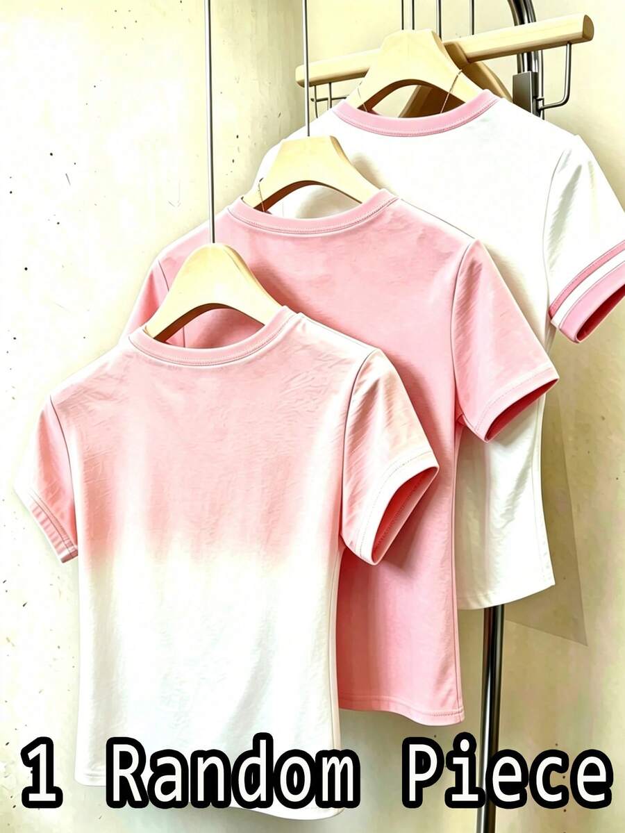 SHEIN 1件隨機款 女孩漸層粉色亮片蝴蝶短袖3件套,柔軟圓領對比色學院風馬尾T恤,修身短版上衣,韓系百搭通勤休閒套裝,適合四季 - 彩色 - 查看 1