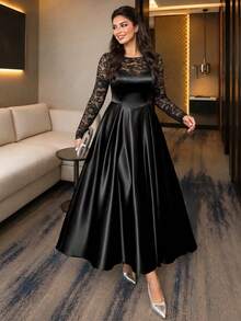 Auveirra Gaun Pesta Formal Koktail Hitam untuk Wanita Ukuran Besar dengan Hiasan Renda dan Patchwork, Elegan, Tradisional, dan Mengencangkan Pinggang, Warna Hitam untuk Musim Gugur/Musim Dingin - Hitam - View 5