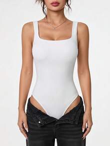 SHEIN PETITE 女款方領無袖露背純色緊身連身衣，適合嬌小身材女性 - 白色 - 查看 4