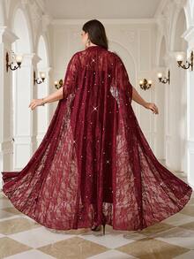 Reflora Conjunto de 2 piezas de vestido bata largo de encaje transparente con decoración de cuentas para tallas grandes - Rojo - Ver 3