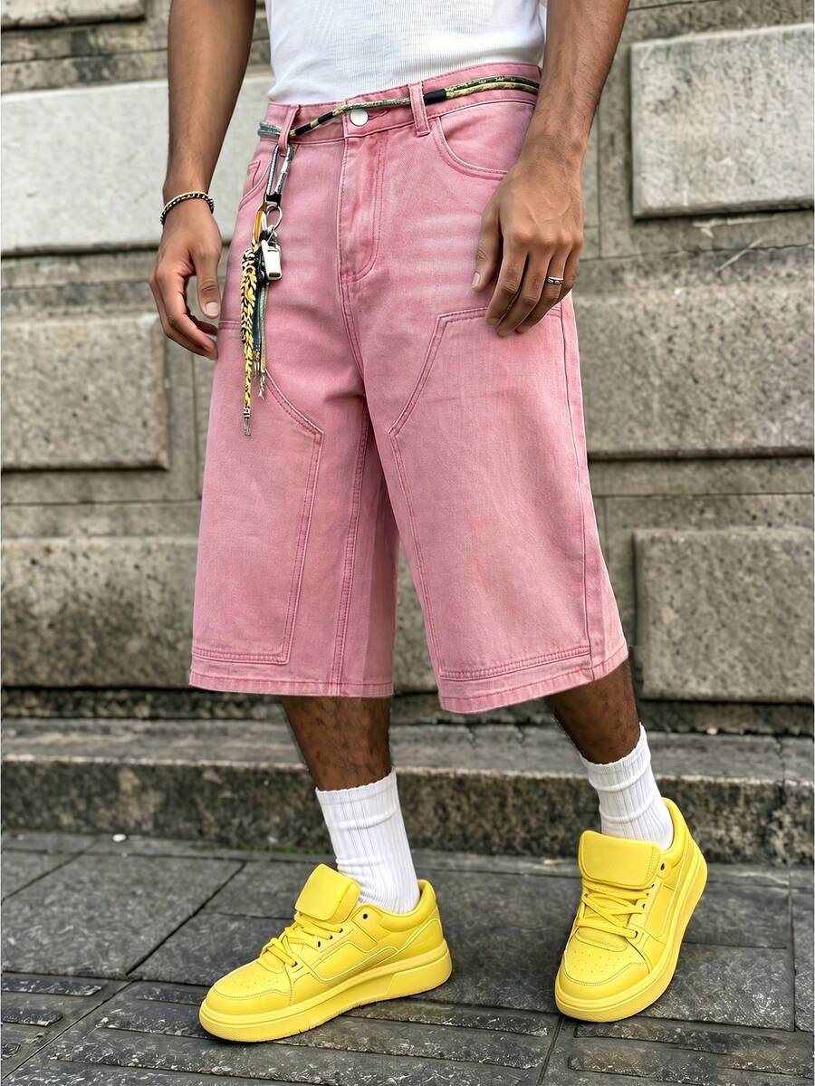Manfinity EMRG Men's Fashion Pink Washed Patch Deconstruct Baggy Wide-Leg Jean Shorts Streetwear Casual Daily Short - Pink - View 1