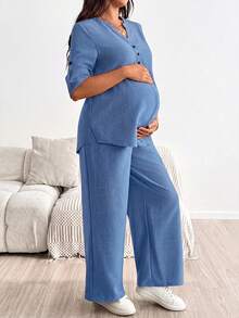 SHEIN Maternity Button-Front Half-Placket Long Sleeve Top And Adjustable Waist Long Pants 2 Pieces Set Fall - Baby Blue - View 3