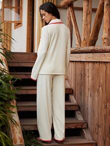 Rosleepa Women's Comfortable Shell Embroidery Contrast Color Single-Breasted Top And Textured Pants Loungewear Set - White - View 2