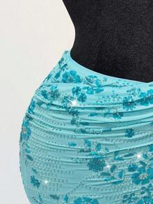 SHEIN ICON 女士亮片刺绣褶皱紧身迷你裙，夜店性感款 - 藍色 - 查看 9