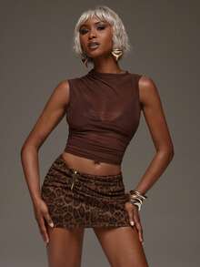 Normani 夏季/秋季節慶派對舞會畢業舞會休閒度假鄉村風 Y2K 女款棕色復古性感豹紋金屬裝飾迷你裙 - 棕色 - 查看 5