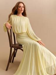 CielaLinda Women's Puff Sleeve Pleated Maxi Dress, Yellow Long Sleeve Dress, Elegant Flowy Occasion Dress