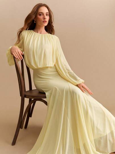 CielaLinda Women's Puff Sleeve Pleated Maxi Dress, Yellow Long Sleeve Dress, Elegant Flowy Occasion Dress