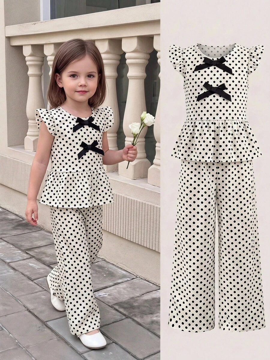 SHEIN Elladie kids 少女新款清新田園風細緻波點兩件套 粉色蝴蝶結裝飾無袖背心 + 粉色紋理布料寬腿長褲 甜美可愛時尚休閒夏季穿搭 - 黑與白 - 查看 1