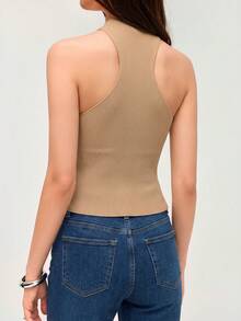 SHEIN Orluneo 纯色修身罗纹针织无袖上衣 - 駝色 - 查看 2