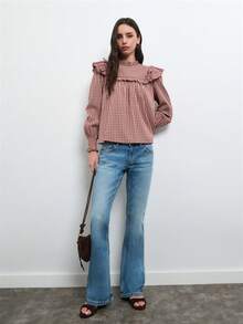 Nöista Light Brown Plaid Top Ruffles, Loose-Fitting Straight Cut, Sweet,Cute, Ruffled . Comfortable, Everyday Wear  Casual, Youthful Vibe.Fall/Winter,. - Pink - View 3