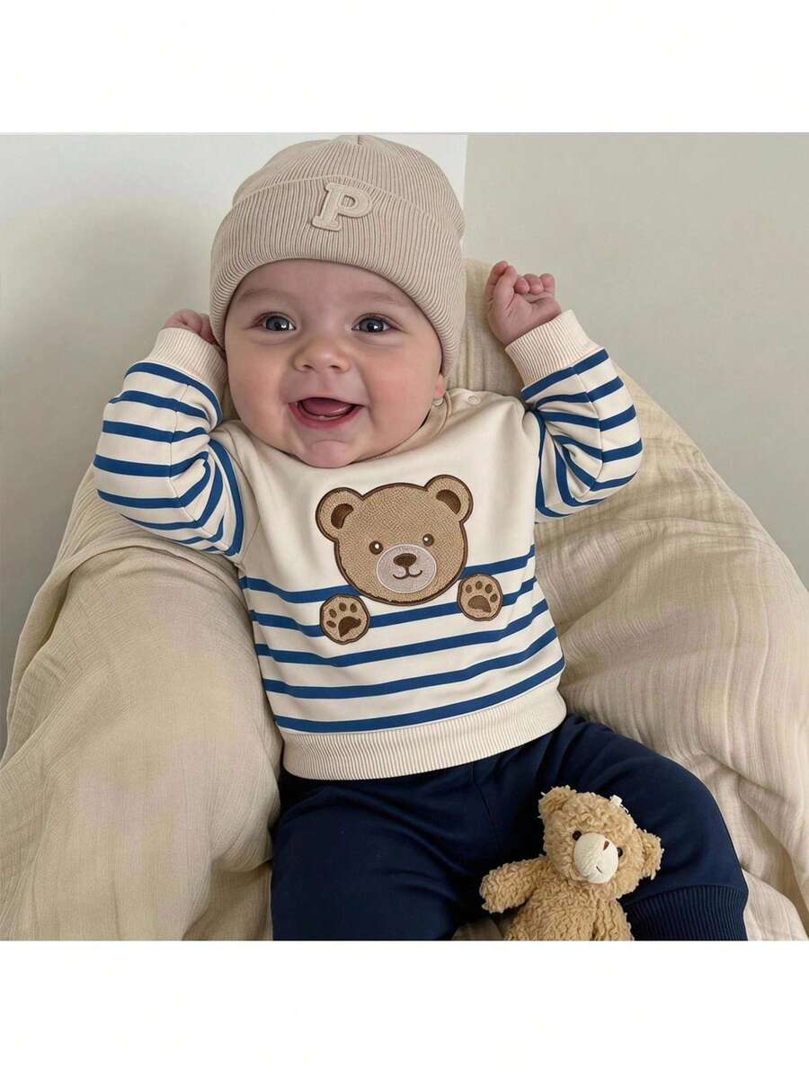 Loomiva Conjunto de Bebê Recém-Nascido com Moletom de Manga Longa Listrado, Toalha com Bordado de Urso, Top de Malha com Estampa Listrada e Calça de Malha com Forro Térmico, Infantil Confortável Versátil Fashion Casual Diário Fofo Padrão de Urso Estilo...