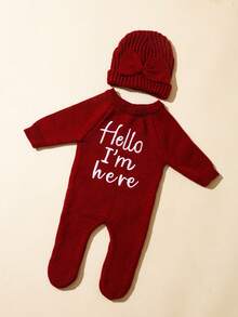 SHEIN HELLO World 新生兒攝影服裝 紅色針織嬰兒連身褲 腳套式連身衣 出生公告 紅黑配色 秋季可愛款 - 紅色 - 查看 3