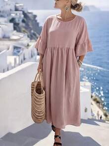 Ceyna Vestido de manga corta con pliegues para vacaciones en talla grande - Rosa - Ver 5