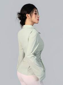 DAZY 女款長袖綠色抽繩收腰運動健身休閒戶外夾克，韓風，秋/夏 - 綠色 - 查看 3