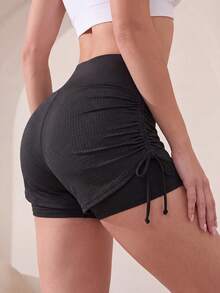 Easithlete Easithlete Wide Waist Side Drawstring Double Layer Sports Shorts - Black - View 1