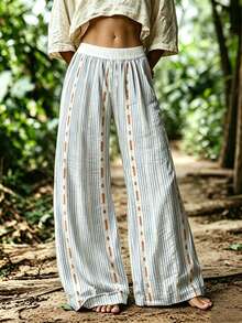 EMERY ROSE Plus Size Bohemian Striped Wide Leg Pants, Comfortable Elastic Waist Wide Leg Pants, Summer 2026 Fall - Multicolor - View 1