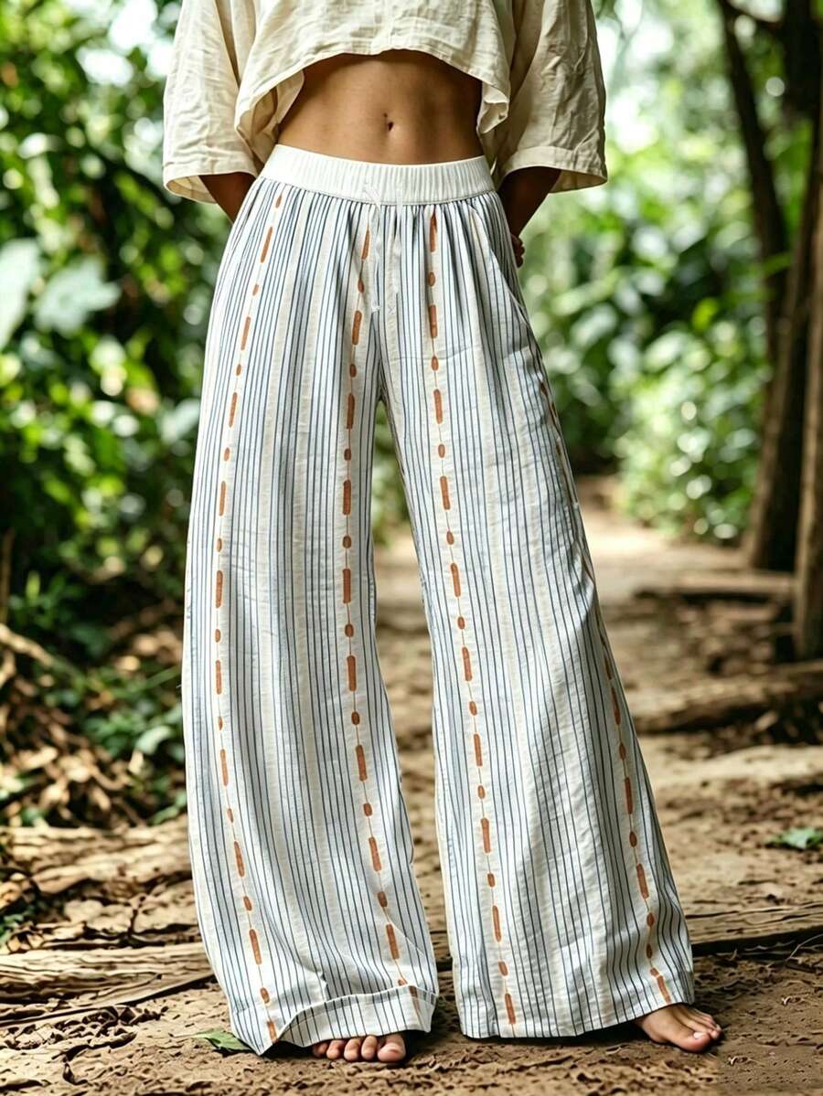 EMERY ROSE Plus Size Bohemian Striped Wide Leg Pants, Comfortable Elastic Waist Wide Leg Pants, Summer 2026 Fall - Multicolor - View 1