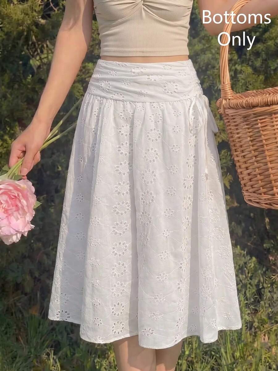 SHEIN MOD 女款復古純色鏤空刺繡蝴蝶結裙 - 白色 - 查看 1