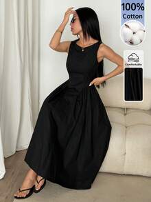 SHEIN PETITE Women's Solid Color Pleated Casual Party Dress - Black - View 5