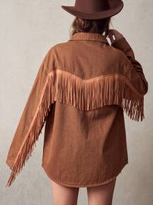 Bohemela Women's Drop Shoulder Long Sleeve Single-Breasted Casual Fringe Design Denim Jacket - Khaki - View 8
