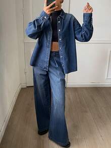 DAZY Women's Collared Shirt And Long Pants Casual Denim Set Fall - Medium Wash - View 3