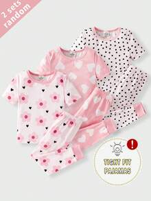 3 Sets Randomly Send 2 Sets Spring Summer Squishy Girls Toddler Outfit Fresh Cute Polka Dot Heart Flower Print Tight Comfortable Short Sleeve Long Pants Loungewear - Orange - View 7