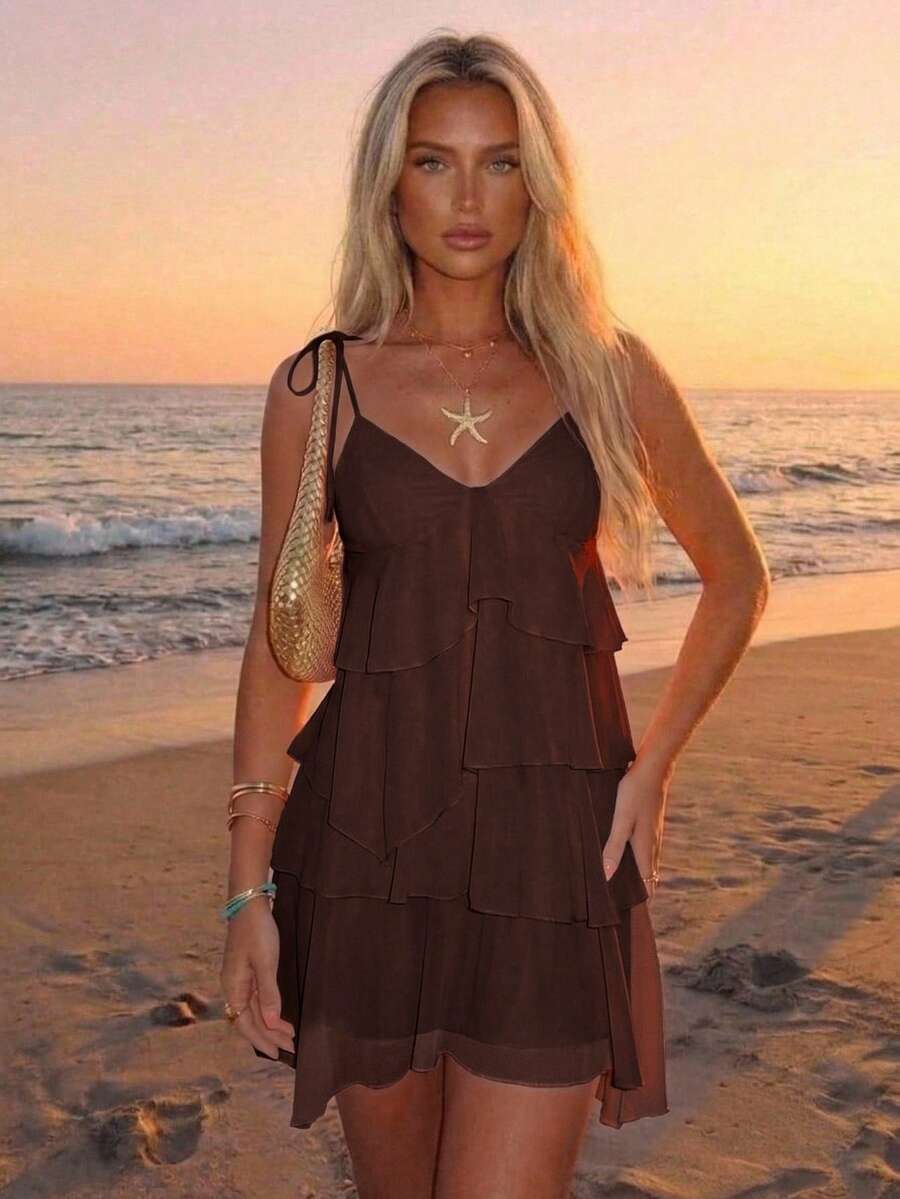 Aloruh Women's Solid Color Spaghetti Strap Backless Multi-Layer Ruffle Mini Dress For Vacation And Beach - Brown - View 1