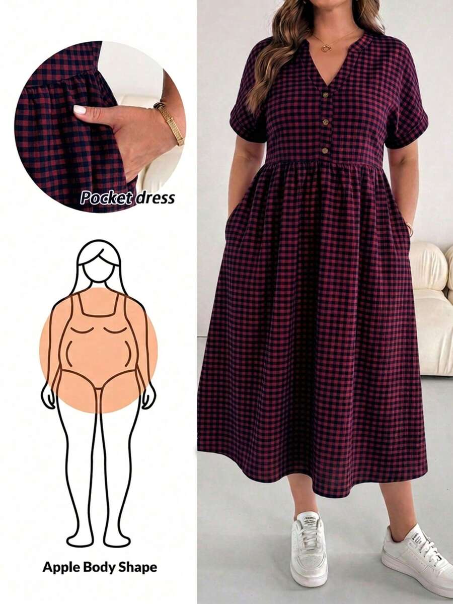 SHEIN Essnce 大尺碼女款春夏時尚休閒寬鬆舒適日常百搭顯瘦粉色格紋V領短袖中長洋裝附口袋,度假洋裝,夏季粉色洋裝,大尺碼可愛服飾,極簡風,亮色洋裝 - 藏蓝色 - 查看 1