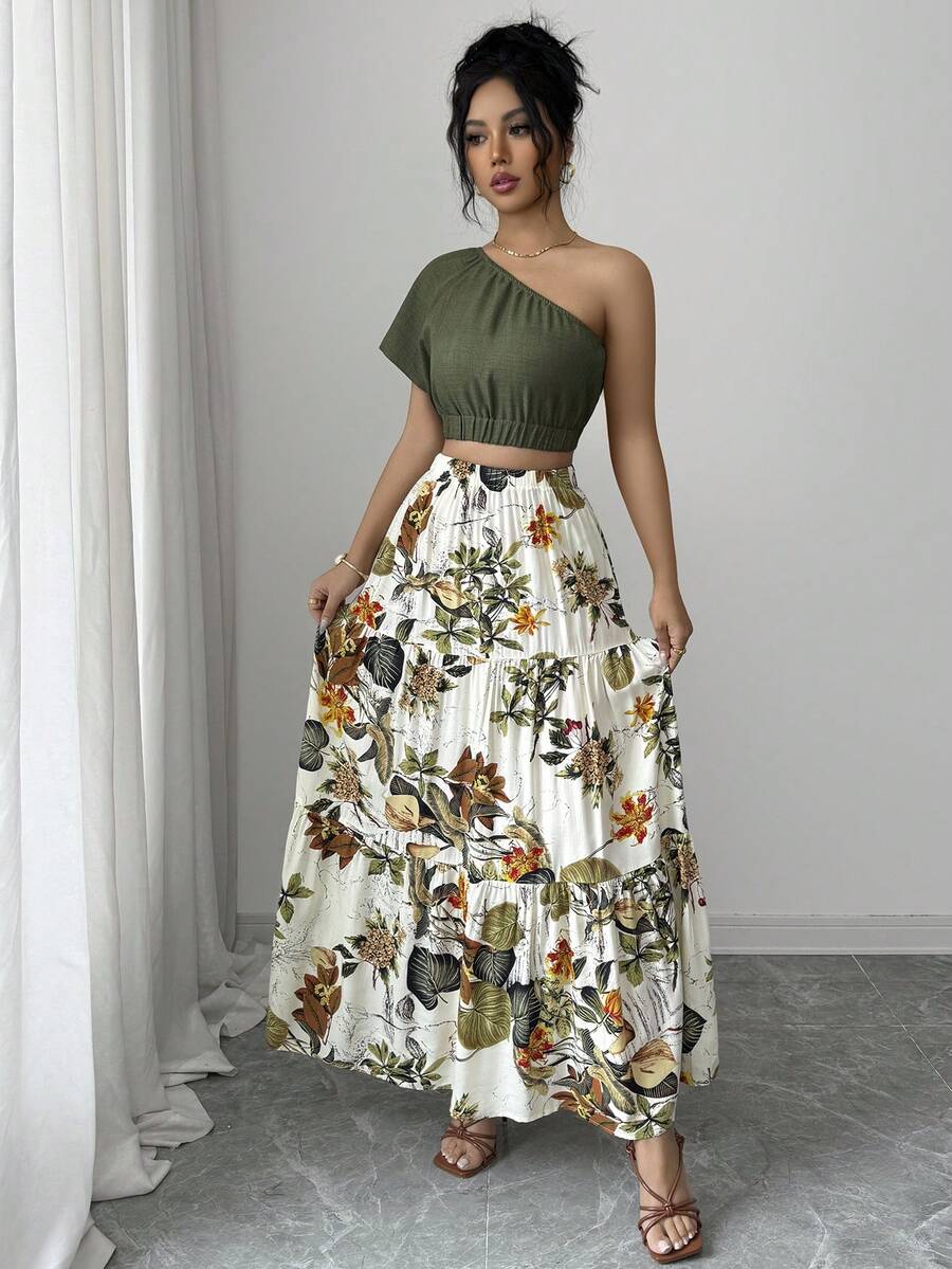 Elenzga Boho Women's Asymmetrical Neck Crop Blouse With Raglan Short Sleeve And Ruffle Hem Skirt Two Piece Set,Army Green,Summer,Holiday,Vacation,Holiday - Multicolor - View 1