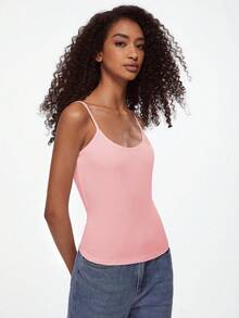 SHEIN BASICS 1件女款純色修身休閒細肩帶背心上衣 白色上衣 - 粉色 - 查看 6