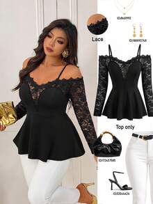Femmeverse Plus Size Women's Spring/Summer Fashion Elegant Off-Shoulder V-Neck Lace Trim Patchwork Long Sleeve Knit Top Fall - Black - View 1