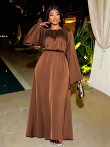 SOLERSUN Plus Size Women's Fashion Solid Color Satin Shiny Fabric Round Neck Elastic Waist Slimming Elegant Exquisite Loose High-End Temperament Light Luxury Long A-Line Big Flared Long Sleeve Dress, Maxi Dress, Daily Commuting All-Match Women's Clothing, New Style, Music Festival, Party, Birthday Party, Solid Color Dress, Christmas, New Year, Fall, Winter,Modest - Brown - View 2